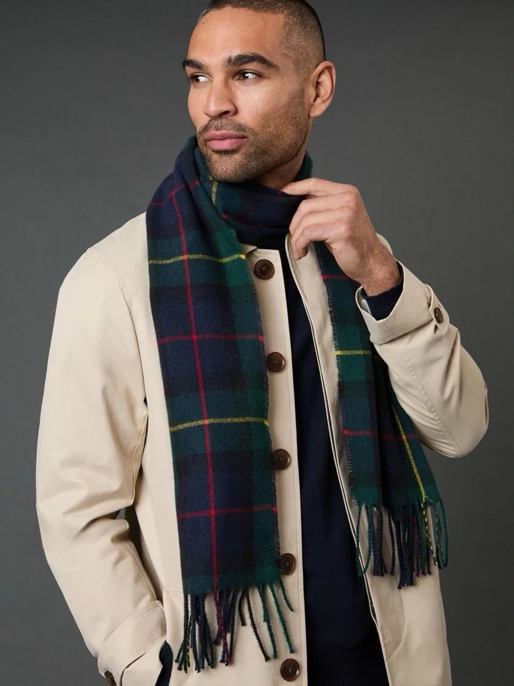 Classic Men's Dark Green Plaid Wool Scarf